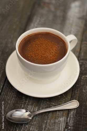 A cup of hot chocolate with cocoa powder on wooden background