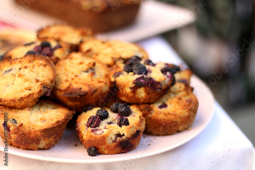 Plate of gluten-free blueberry muffins made with coconut flour. Selective focus. 