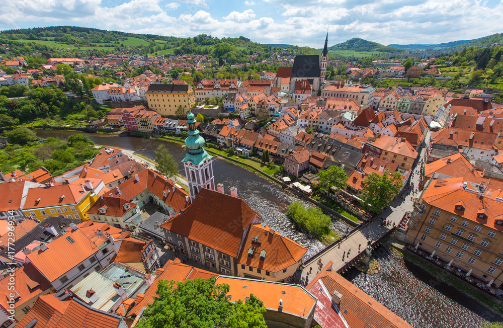 Cesky Krumlov city aerial view with river in perfect sunny day
