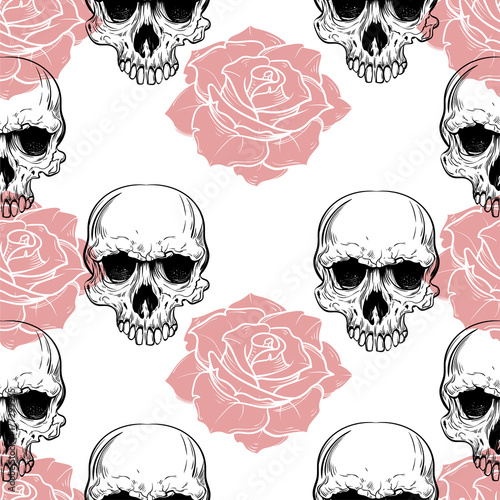 roses and skulls seamless pattern