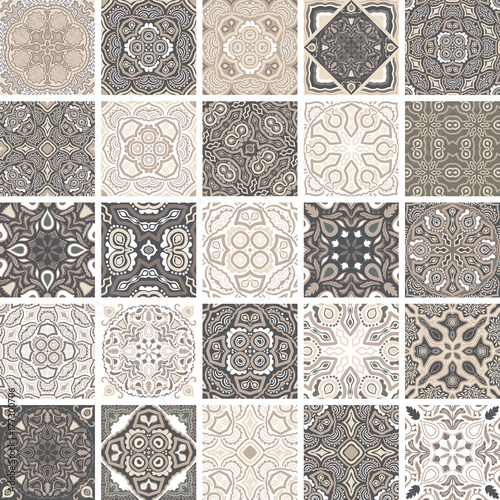 Traditional ornate portuguese decorative tiles azulejos. Abstract background. Vector hand drawn illustration, typical portuguese tiles, floral patchwork design. Moroccan or Mediterranean square tiles.