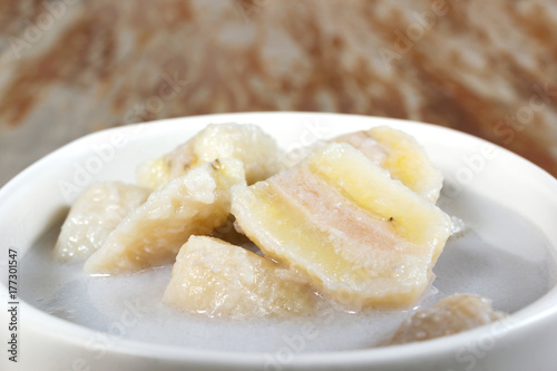 Closeup banana in Coconut Milk. Thai dessert. Banana sliced boil in coconut milk with sugar. Sweet taste and Hi nutritiion.