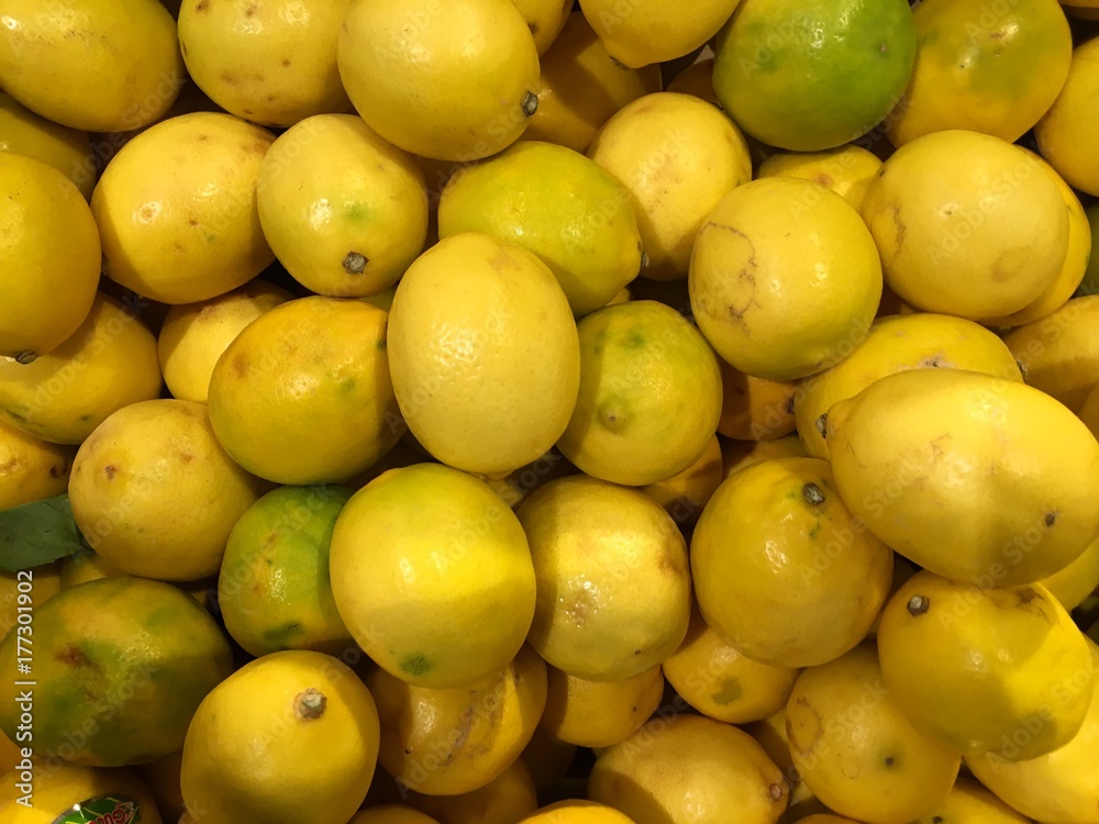 Lemons. Fruit. Fragment from a fruit and vegetable shop 