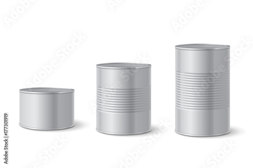 Canned metal packaging. Aluminum tin can for food. Realistic vector