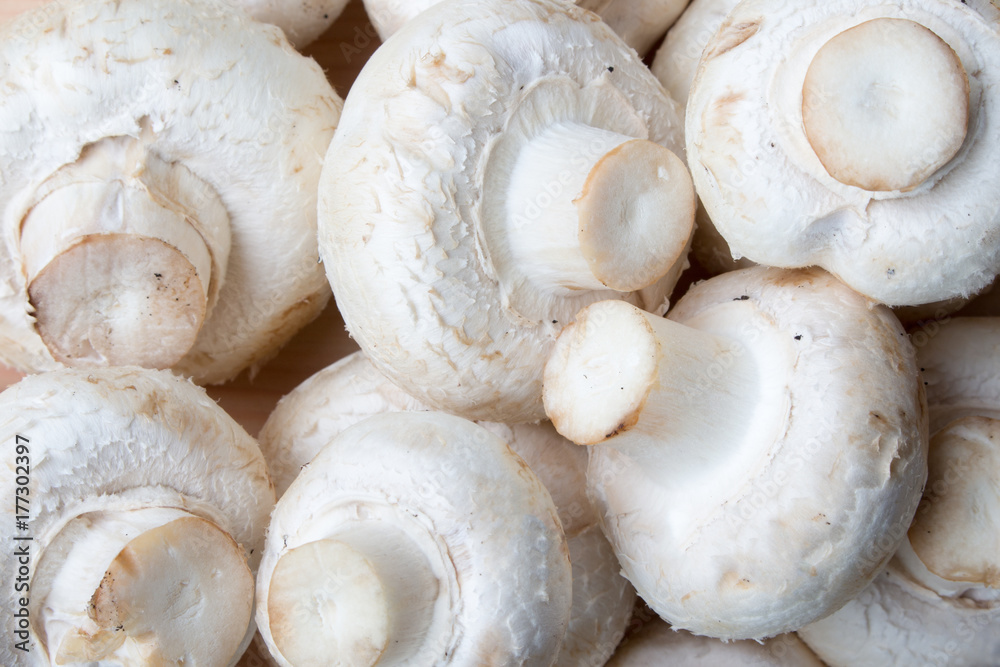 Fresh white champignons (mushrooms), sliced, uncooked, background, full