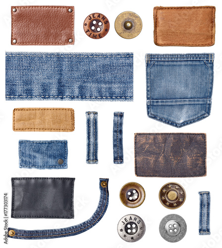 collection of various jeans labels on white background. each one is shot separately.