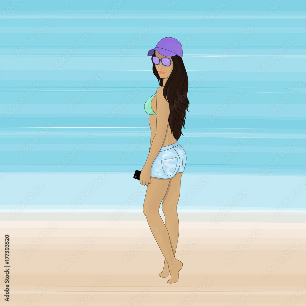 Image of a girl sunbathing on the beach. Girl, brunette in denim shorts, in a swimsuit, a baseball cap, sunglasses, with a phone in hands. Illustration for design, summer background. Vector eps10.
