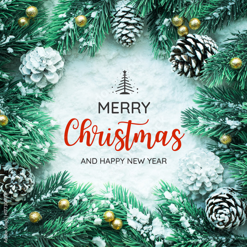 MERRY CHRISTMAS AND HAPPY NEW YEAR  typography,text with christmas ornament decoration