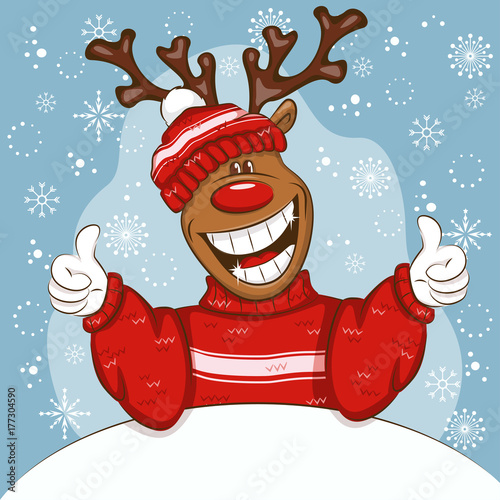 Christmas card with cartoon deer. It's showing ok sign. Vector for you design.