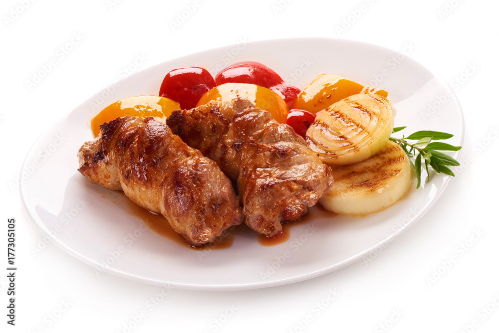 Grilled meat rolls with vegetables, isolated on white background Grilled meat rolls with vegetables, isolated on white background