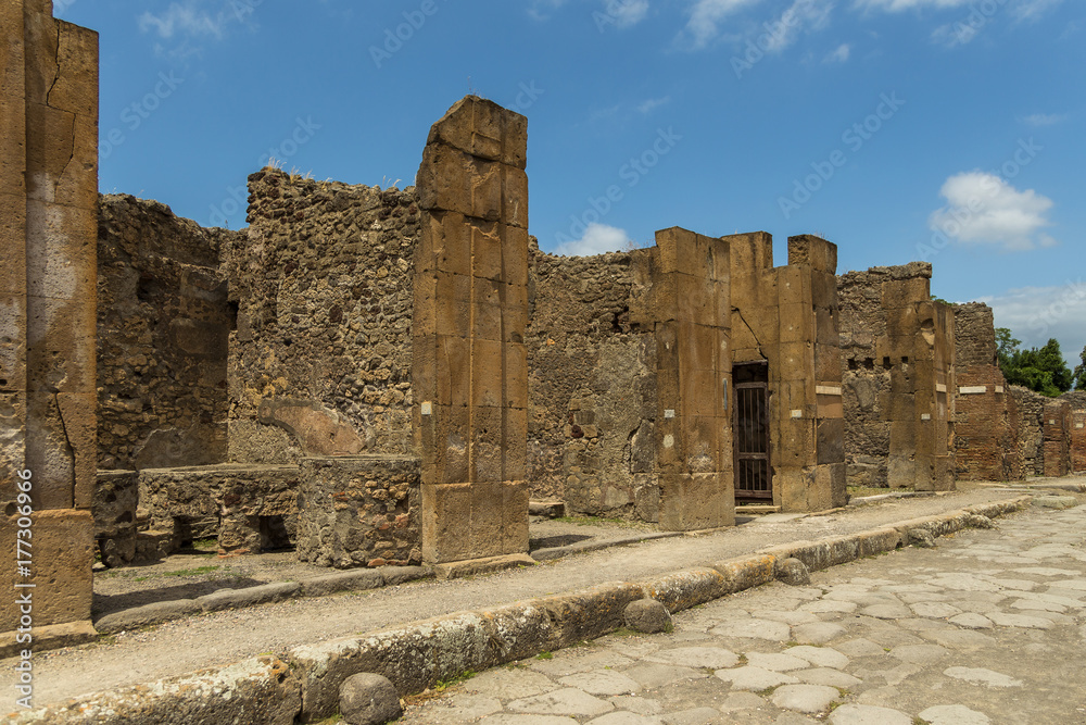 Ruins in the archaeological site of Pompeii, a city destroyed by the eruption of Mount Vesuvius  2000 years ago, Pompeii, Italy