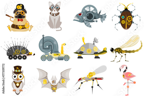 Stylized metal steampunk mechanic robots animals machine steam gear insect punk art machinery vector illustration.