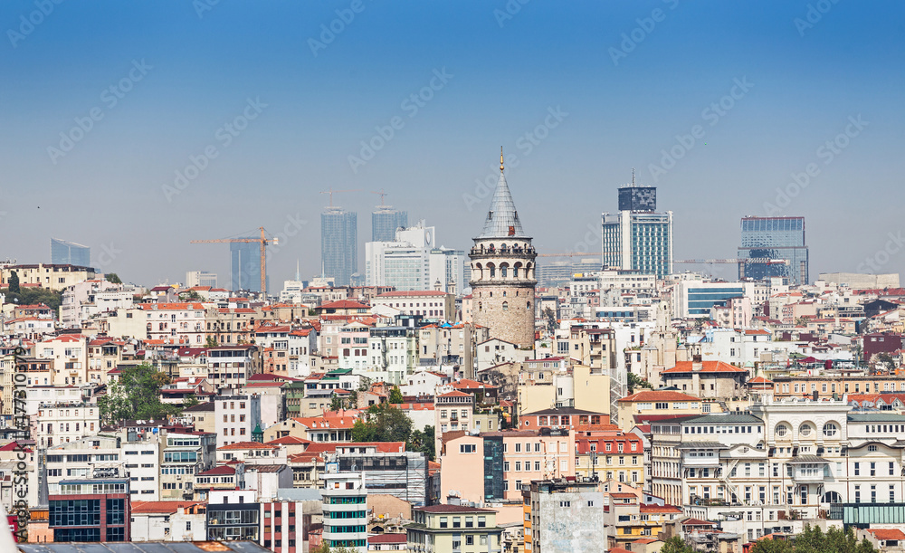 Far away tele view of a Galata tower district with various buildings, classical cityscape of Istanbul, Turkey