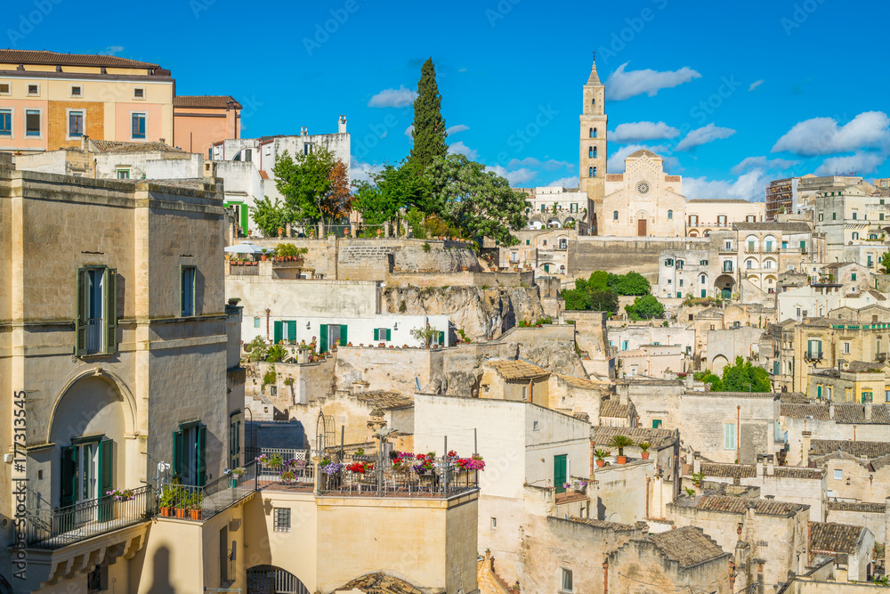 Panoramic view in Matera from Belvedere Luigi Guerricchio. Basilicata, southern Italy.