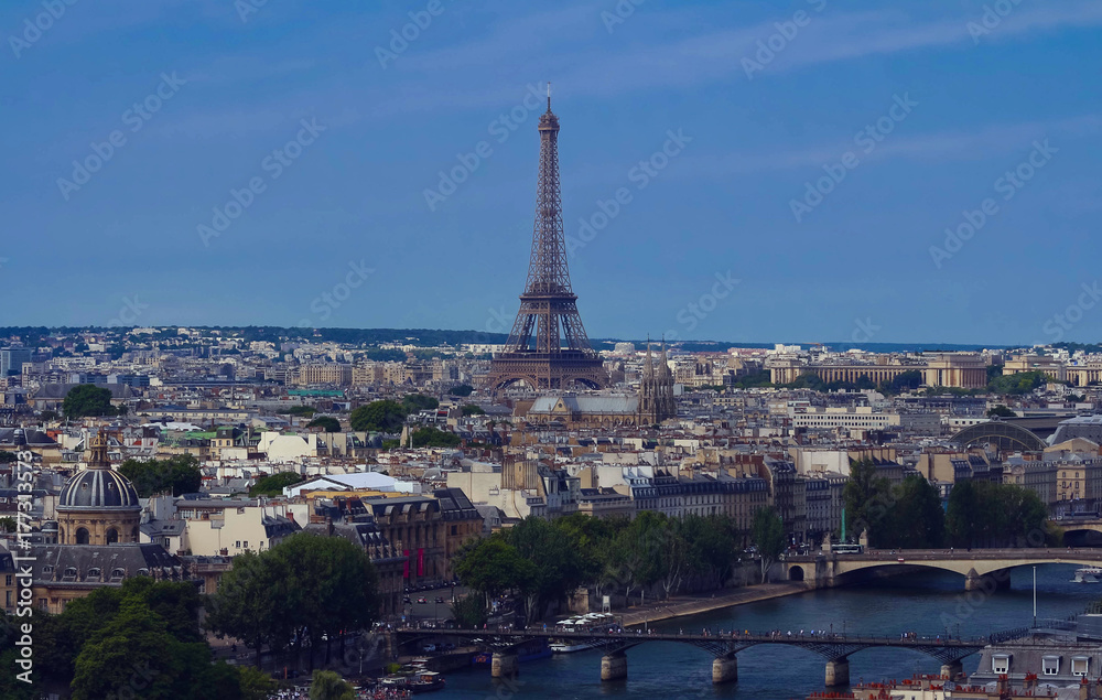 The aerial view of famous Eiffel Tower and parisian landscape.