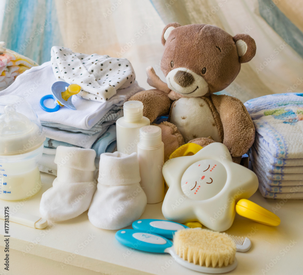baby products, symbols for newborns, - obrazy, fototapety, plakaty 