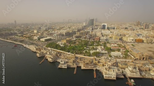 Aerial. Dubai Creek. Historic center of the United Arab Emirates. Sunrise. 4K photo