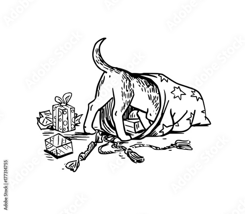 The dog is looking for gifts in Santa's bag. Black and white illustration with dog and gifts. Perfect for greeting cards, poster, banner.