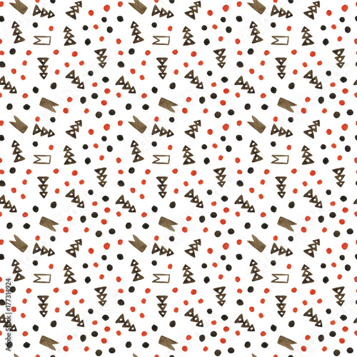 Hand drawned seamless watercolor pattern. Abstract watercolor dots and trees in red, brown and black isolated on white background. Seamless pattern with dots and trees. Perfect for wrapping paper.