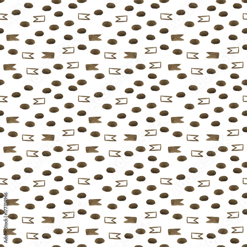 Hand drawned seamless watercolor pattern. Abstract watercolor flags and dots in gold and brown isolated on white background. Seamless pattern with watercolor flags. Perfect for wrapping paper.
