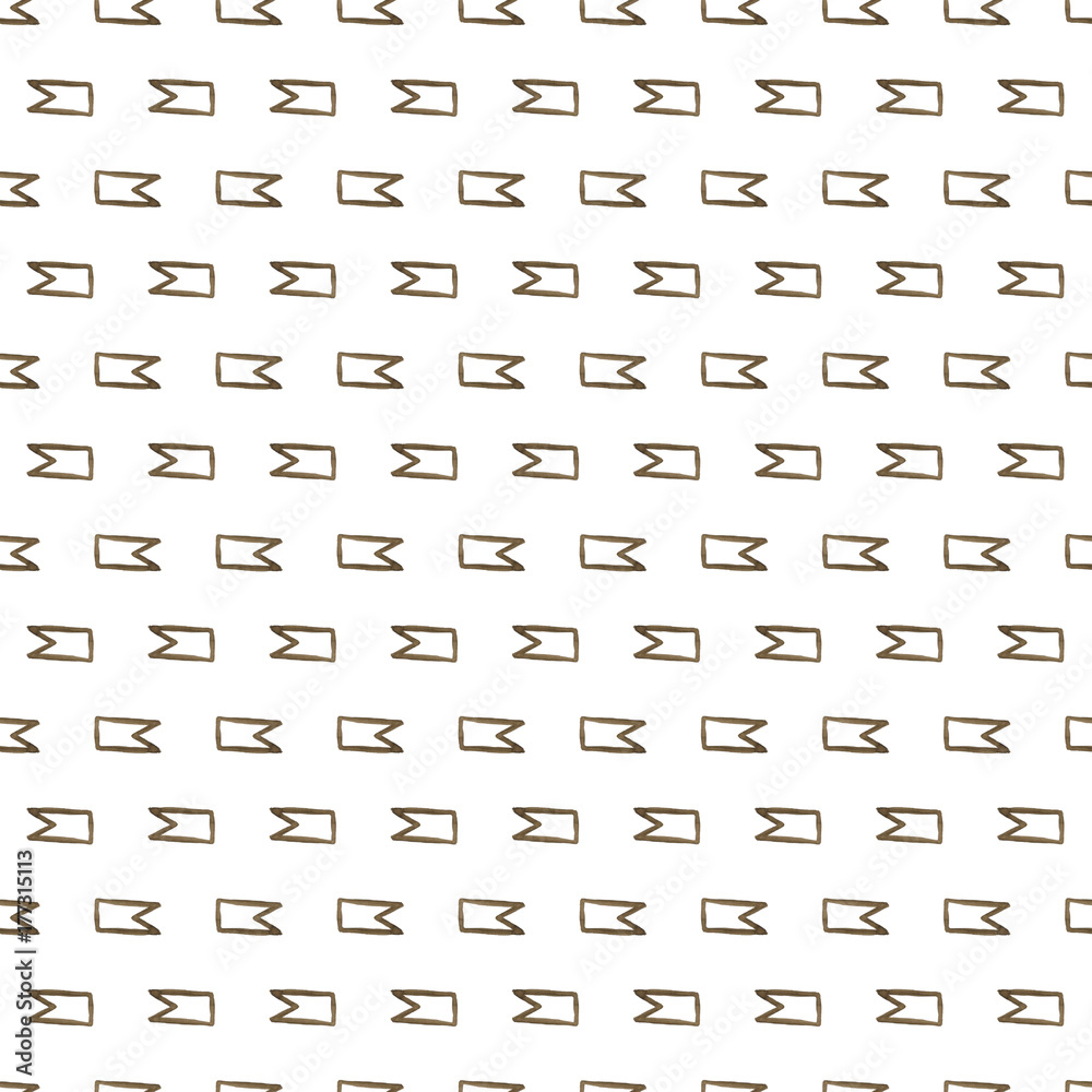 Hand drawned seamless watercolor pattern. Abstract watercolor small flags in dark gold and brown isolated on white background. Seamless pattern with watercolor flags. Perfect for wrapping paper.