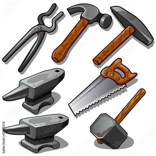 Working tool of blacksmith and carpenter. Seven icons isolated on white background. Vector illustration in cartoon style