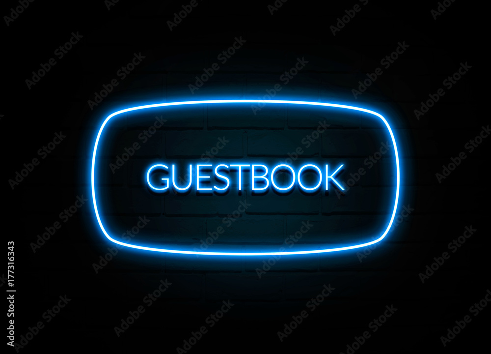 Guestbook - colorful Neon Sign on brickwall Guestbook - colorful Neon Sign on brickwall