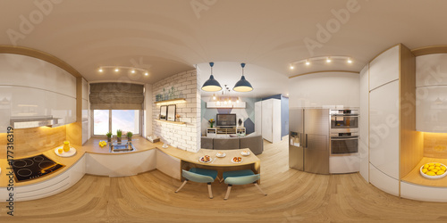 3d illustration spherical 360 degrees, seamless panorama of living room interior design. Modern studio apartment in the Scandinavian minimalist style
