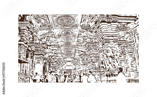 Sketch of Meenakshi Amman Temple, Madurai, Tamil Nadu, India in vector illustration. 