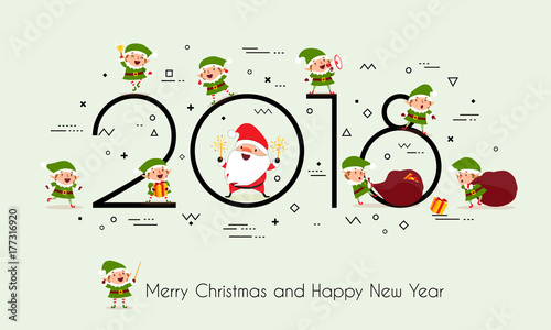 2018 year. Merry Christmas and Happy New Year. Creative headline with Santa Claus, Christmas elves and gifts. Memphis style. Minimalism. Isolated. Vector illustration