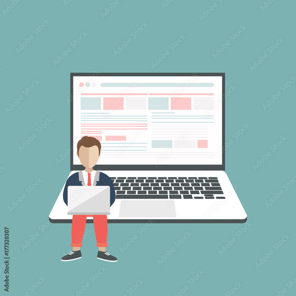 People sitting on big notebook. Social network web site. Surfing concept illustration of young people using lap top to be a part of on line community. Flat vector illustration