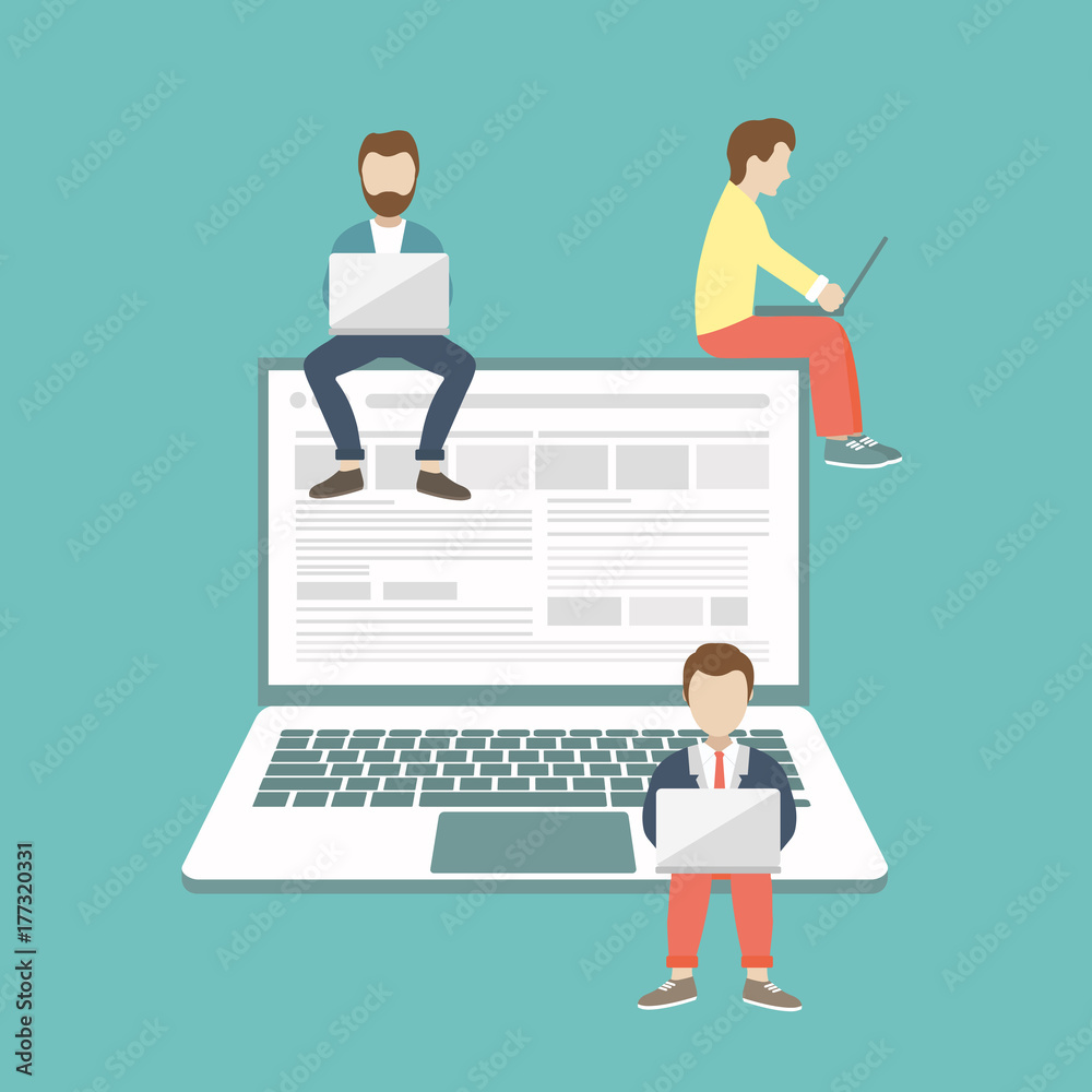 People sitting on big notebook. Social network web site. Surfing concept illustration of young people using lap top to be a part of on line community. Flat vector illustration