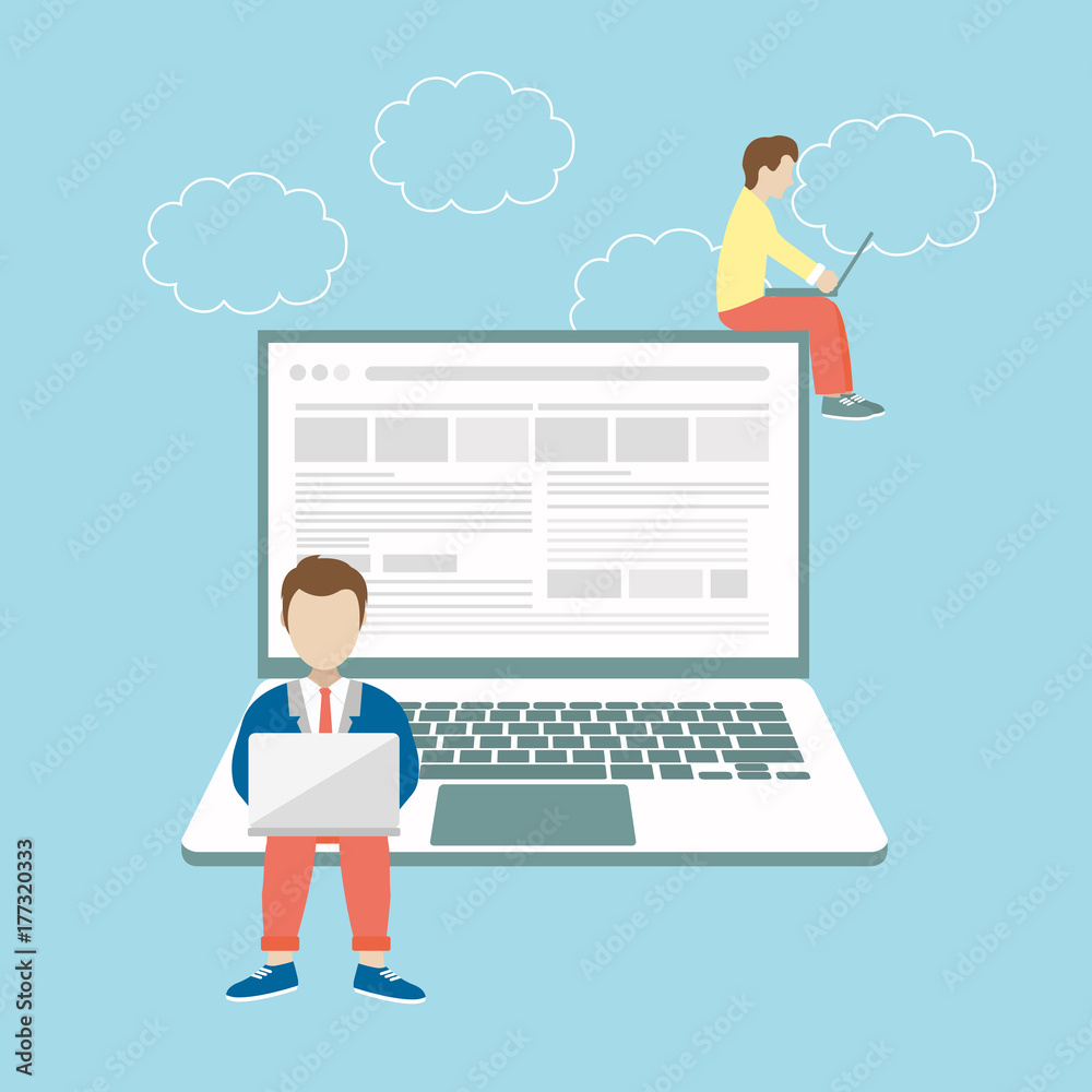 People sitting on big notebook. Social network web site. Surfing concept illustration of young people using lap top to be a part of on line community. Flat vector illustration People sitting on big notebook. Social network web site. Surfing concept illustration of young people using lap top to be a part of on line community. Flat vector illustration
