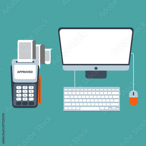 Supermarket store counter desk equipment. Flat vector illustration.