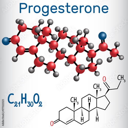 Progesterone (endogenous steroid , progestogen sex hormone ) - structural chemical formula and molecule model