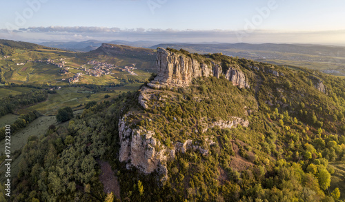 Aerial view of Solutre rock in Burgundy at sunrise, France photo