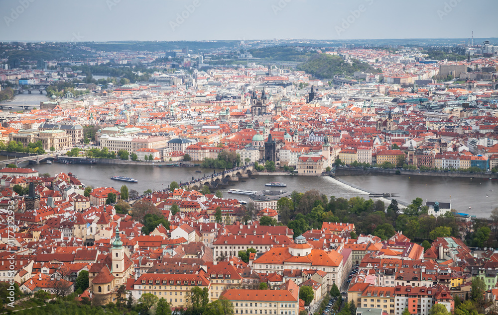 Panoramic aerial view of Prague. Charles Bridge