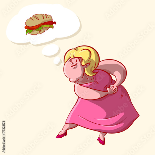 Colorful vector illustration of a overweight lady dreaming about food and smiling