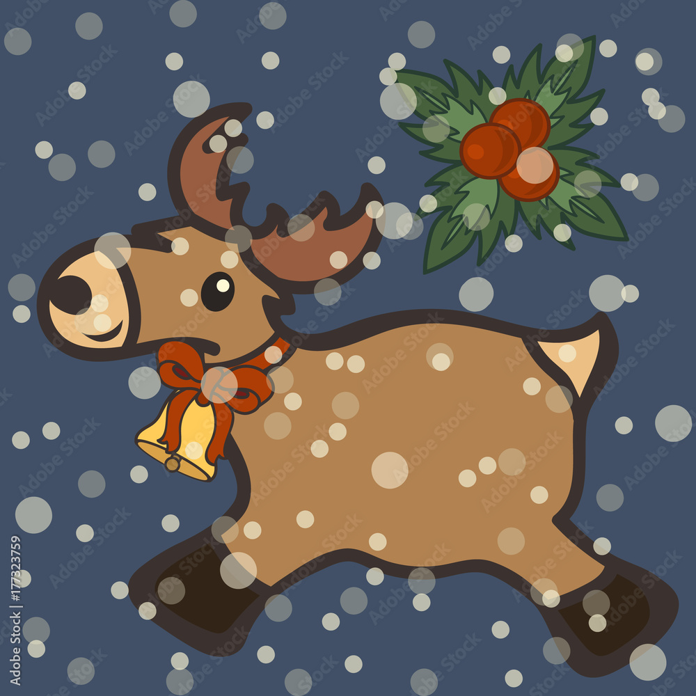 Toy reindeer with bell, Christmas decoration vector isolated on dark. Old wooden toy in form of deer. Lovely simple children's toy. Christmas Happy New Year design, flat style, holly Toy reindeer with bell, Christmas decoration vector isolated on dark. Old wooden toy in form of deer. Lovely simple children's toy. Christmas Happy New Year design, flat style, holly