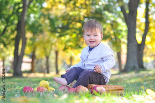 Baby sits on old suitcase surrounded by apples. Happy child in autumn park