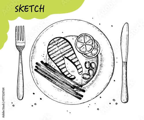 fish steak a plate sketch vector. fork and knife cutlery. hand drawing isolated on white background