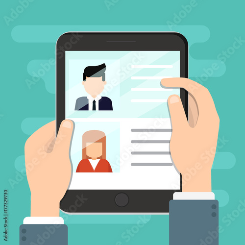 Vector concept of human resources management, professional staff research, head hunter job with magnifying glass. Male and female faces app