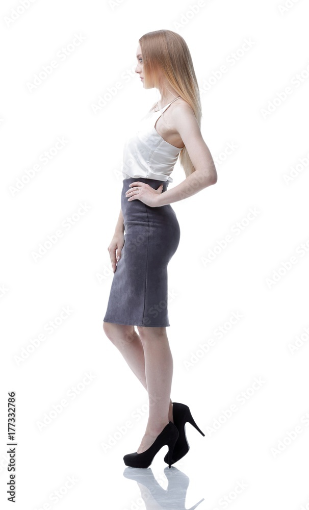 side view. young modern woman. photo in full growth side view. young modern woman. photo in full growth