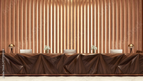 Fototapeta Naklejka Na Ścianę i Meble -  Reception desk in front of decorative  wood wall 3D Rendering