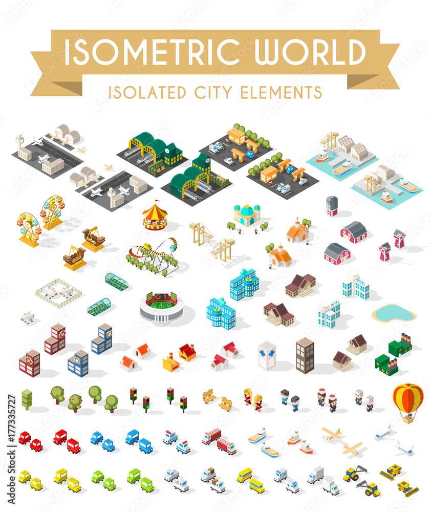 Set of Isometric High Quality City Element on White Background