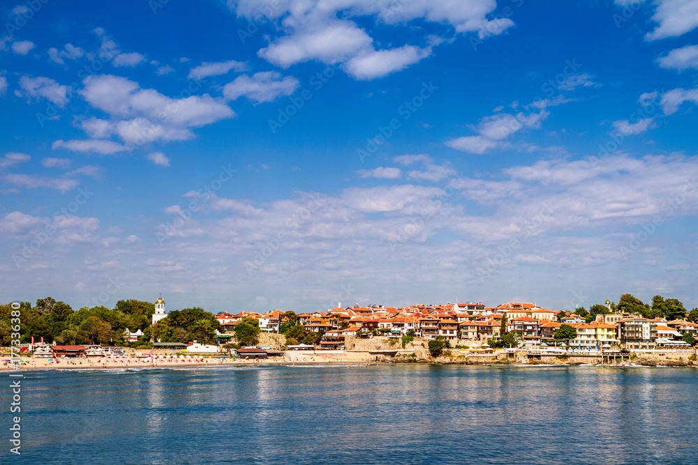 Coastal landscape town of Sozopol under the sky with clouds, the Black Sea coast in Bulgaria