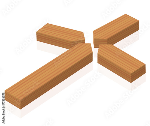 Foto Broken cross lying on the ground, symbol for crisis of faith or belief or other clerical and ecclesiastical problems - isolated wooden style vector illustration on white background