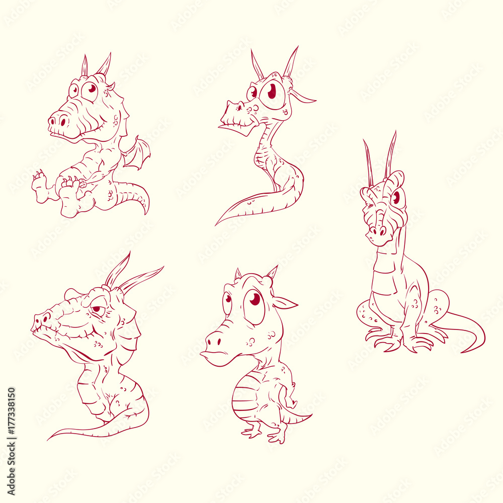 Collection of line drawing vector illustrations of baby dragons