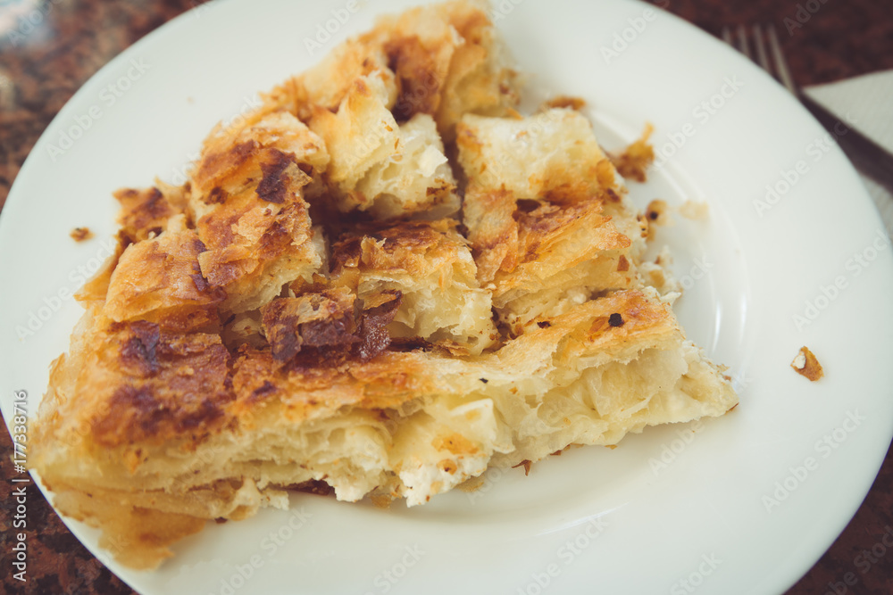 Balkan Breakfast Serving of Byrek me Gjizë (Cheese PIe with Feta & Flaky Filo Pastry)