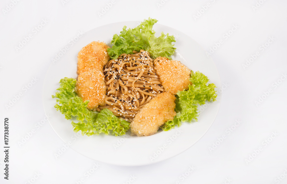 fried chicken with pasta in white plate, isolate fried chicken with pasta in white plate, isolate